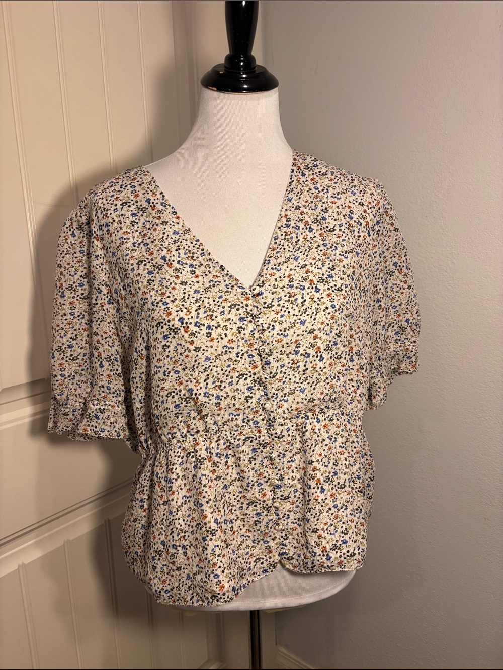Madewell XL 100% Silk Floral Peplum Blouse V-Neck Button Front Top